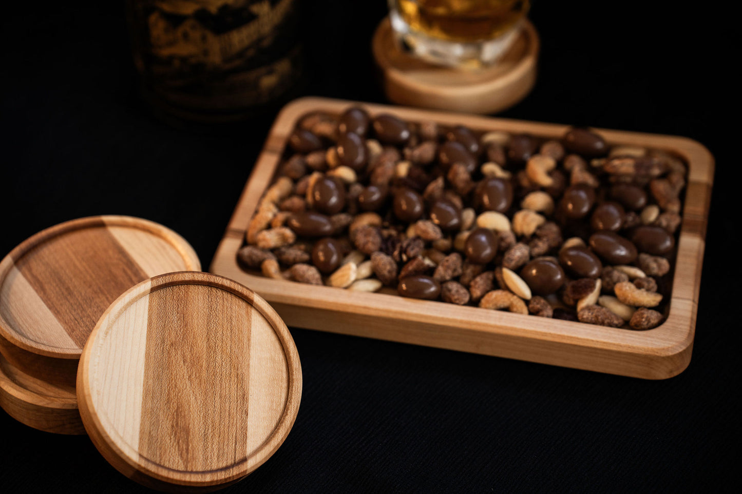 ensemble de sous verres & centre de table en bois érable pour table et apéro